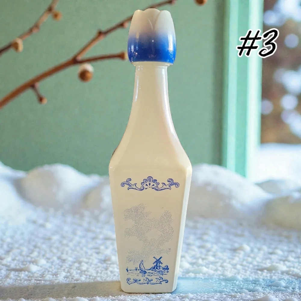 Vtg 60's Vandermint Milk Glass Liquor Bottle Delft Blue Windmills 9.5